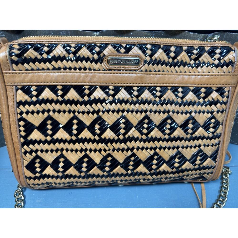 Rebecca Minkhoff MAC Woven Leather Crossbody Bag Purse Black Tan Brown Boho - Picture 6 of 10